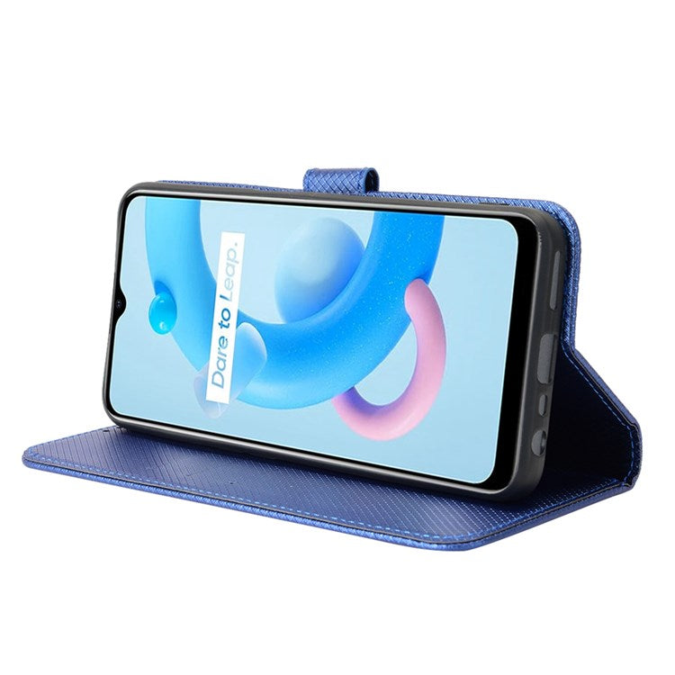 For Realme V20 5G Shockproof Phone Wallet Case Diamond Texture PU Leather Anti-scratch Phone Cover with Wrist Strap - Blue