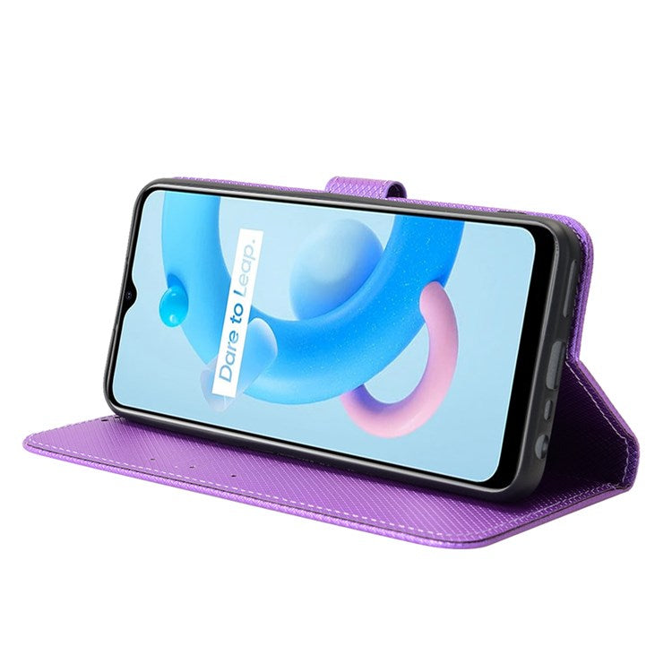 For Realme V20 5G Shockproof Phone Wallet Case Diamond Texture PU Leather Anti-scratch Phone Cover with Wrist Strap - Purple