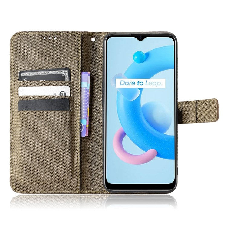 For Realme V20 5G Shockproof Phone Wallet Case Diamond Texture PU Leather Anti-scratch Phone Cover with Wrist Strap - Brown