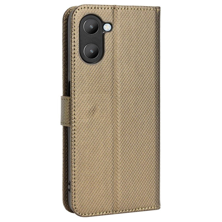 For Realme V20 5G Shockproof Phone Wallet Case Diamond Texture PU Leather Anti-scratch Phone Cover with Wrist Strap - Brown