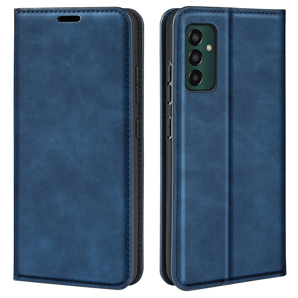 For Samsung Galaxy M13 4G Skin-touch PU Leather Phone Case Auto Closure Magnetic Folio Flip Cover with Wallet Stand - Blue