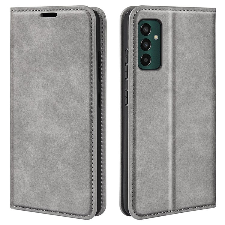 For Samsung Galaxy M13 4G Skin-touch PU Leather Phone Case Auto Closure Magnetic Folio Flip Cover with Wallet Stand - Grey