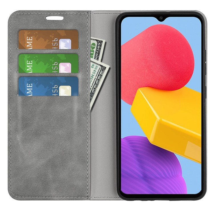 For Samsung Galaxy M13 4G Skin-touch PU Leather Phone Case Auto Closure Magnetic Folio Flip Cover with Wallet Stand - Grey