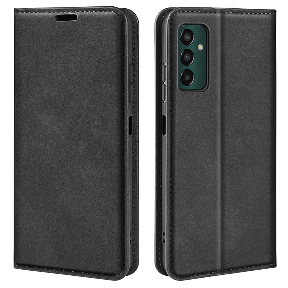 For Samsung Galaxy M13 4G Skin-touch PU Leather Phone Case Auto Closure Magnetic Folio Flip Cover with Wallet Stand - Black