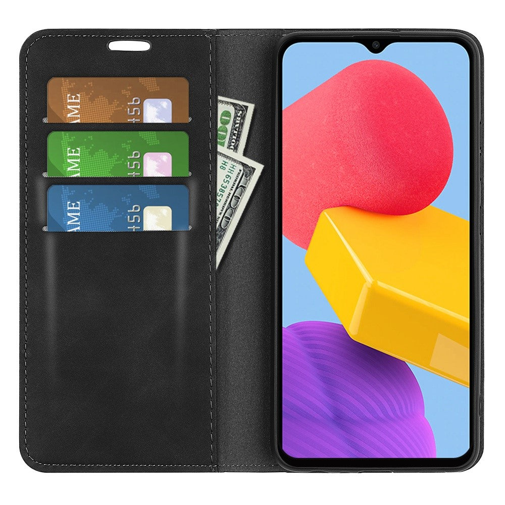 For Samsung Galaxy M13 4G Skin-touch PU Leather Phone Case Auto Closure Magnetic Folio Flip Cover with Wallet Stand - Black