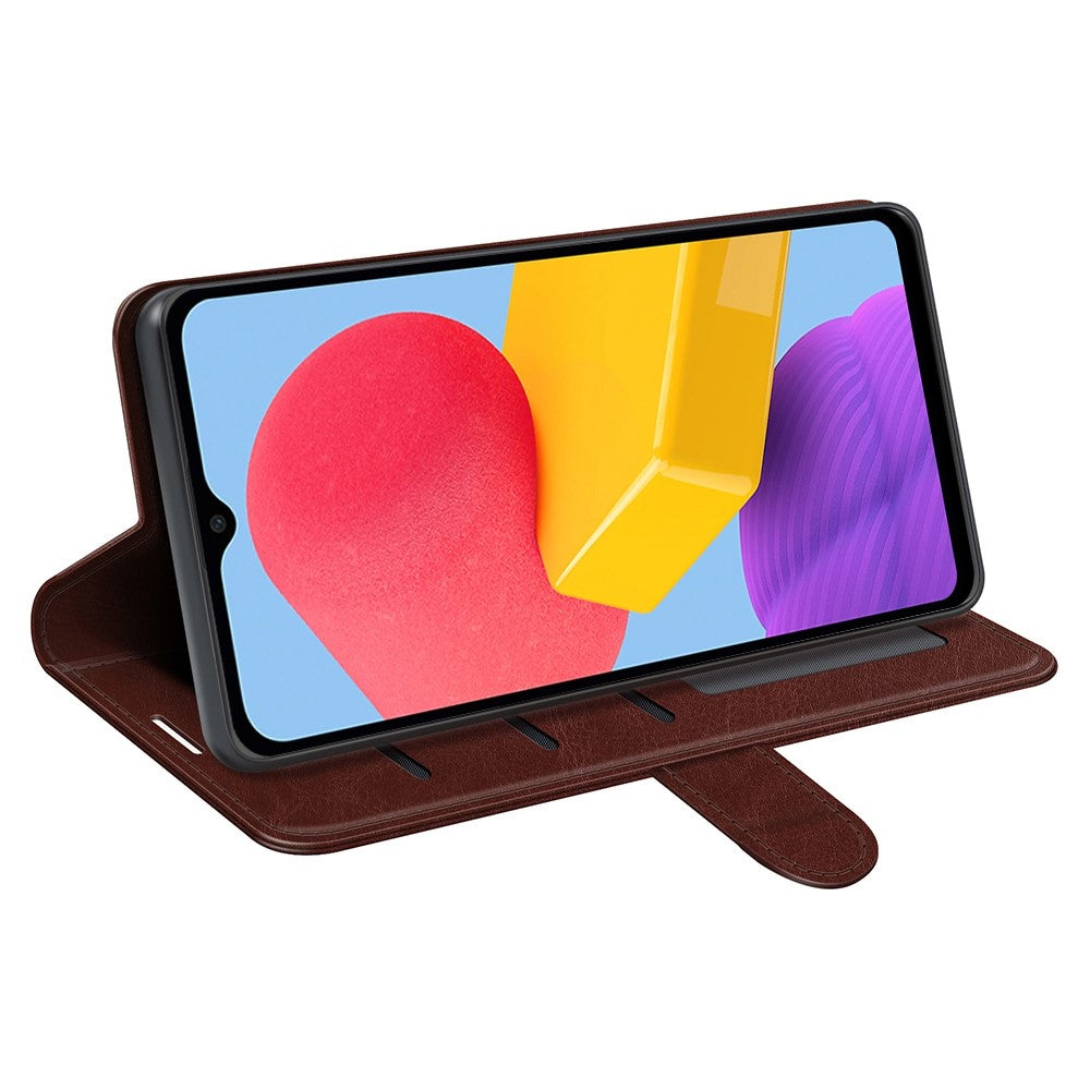 For Samsung Galaxy M13 4G Crazy Horse Texture PU Leather Wallet Stand Case Drop-proof Protection Phone Cover - Brown