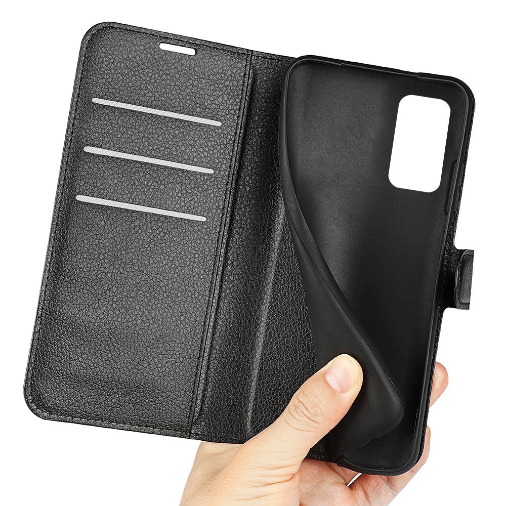 For Samsung Galaxy M13 4G Anti-scratch Litchi Texture PU Leather Case, Shockproof Wallet Stand Folio Flip Phone Cover - Black