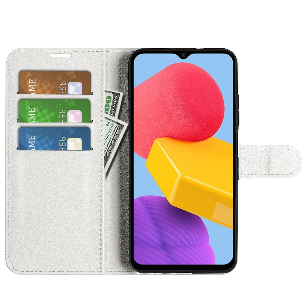 For Samsung Galaxy M13 4G Anti-scratch Litchi Texture PU Leather Case, Shockproof Wallet Stand Folio Flip Phone Cover - White