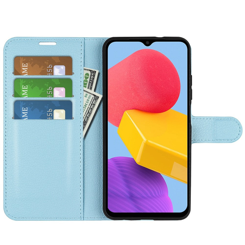 For Samsung Galaxy M13 4G Anti-scratch Litchi Texture PU Leather Case, Shockproof Wallet Stand Folio Flip Phone Cover - Blue