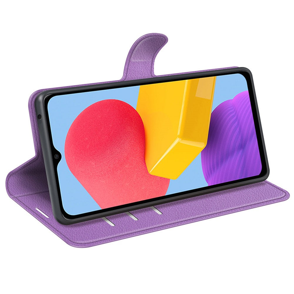 For Samsung Galaxy M13 4G Anti-scratch Litchi Texture PU Leather Case, Shockproof Wallet Stand Folio Flip Phone Cover - Purple