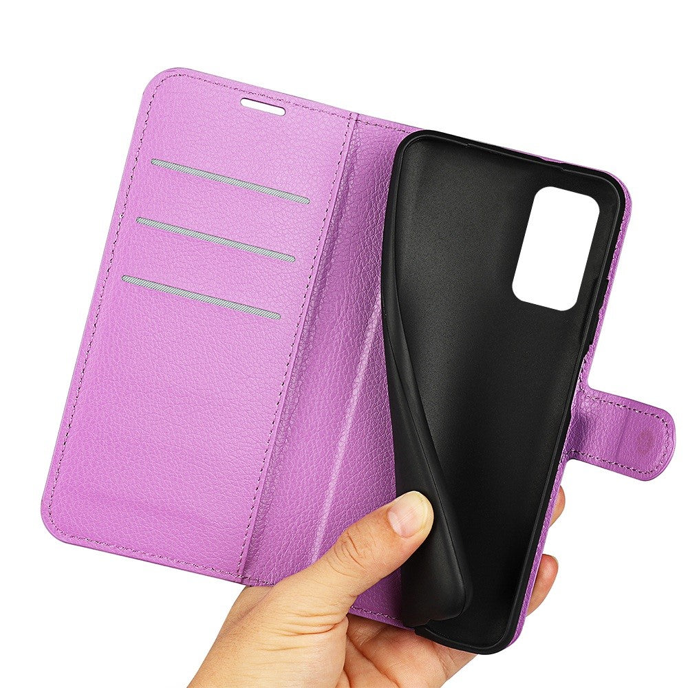 For Samsung Galaxy M13 4G Anti-scratch Litchi Texture PU Leather Case, Shockproof Wallet Stand Folio Flip Phone Cover - Purple