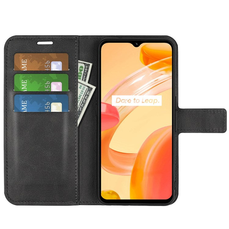 Square Magnetic Clasp Phone Case for Realme C30 4G, Textured PU Leather + TPU Wallet Stand Cover - Black