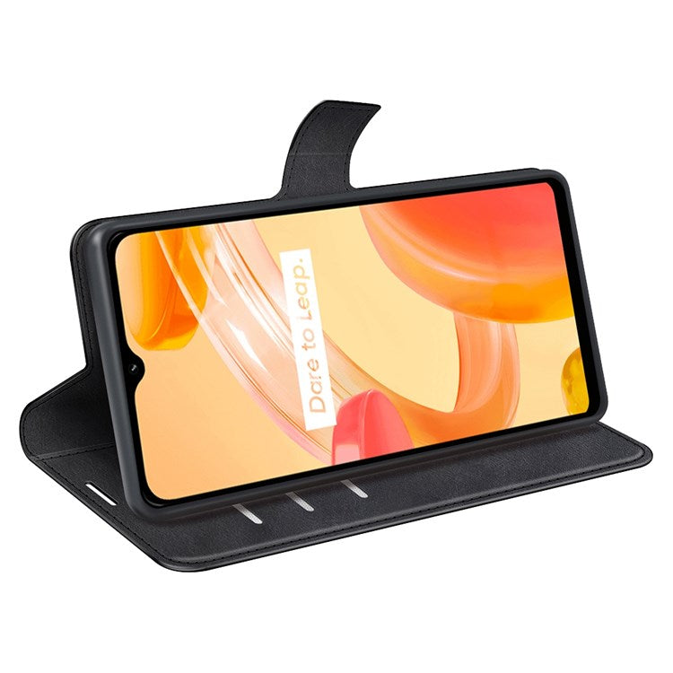 Square Magnetic Clasp Phone Case for Realme C30 4G, Textured PU Leather + TPU Wallet Stand Cover - Black
