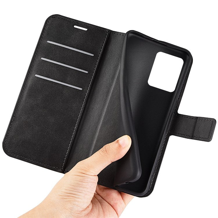 Square Magnetic Clasp Phone Case for Realme C30 4G, Textured PU Leather + TPU Wallet Stand Cover - Black