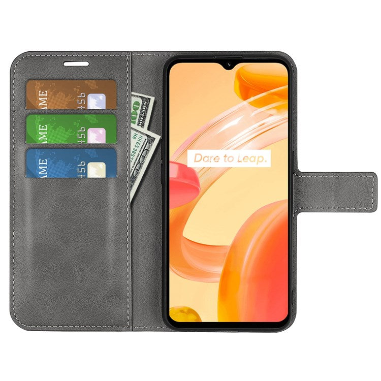 Square Magnetic Clasp Phone Case for Realme C30 4G, Textured PU Leather + TPU Wallet Stand Cover - Grey