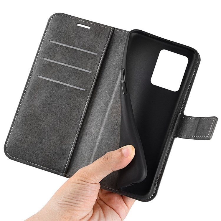 Square Magnetic Clasp Phone Case for Realme C30 4G, Textured PU Leather + TPU Wallet Stand Cover - Grey
