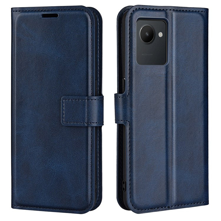 Square Magnetic Clasp Phone Case for Realme C30 4G, Textured PU Leather + TPU Wallet Stand Cover - Blue