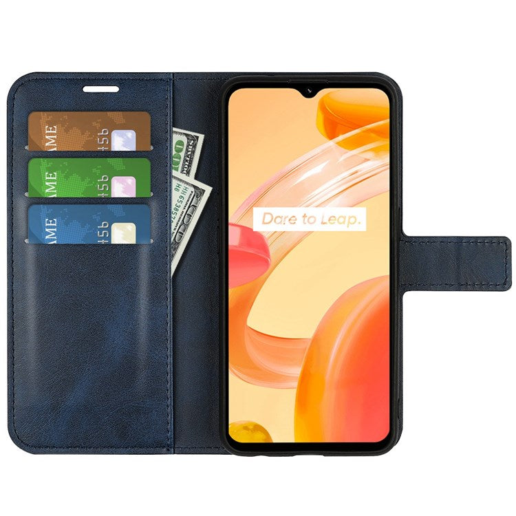 Square Magnetic Clasp Phone Case for Realme C30 4G, Textured PU Leather + TPU Wallet Stand Cover - Blue