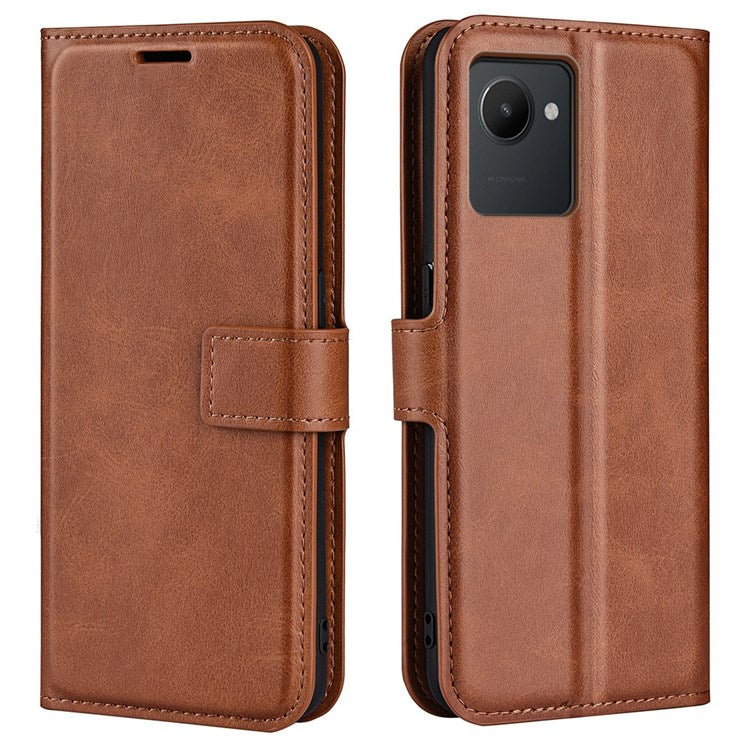 Square Magnetic Clasp Phone Case for Realme C30 4G, Textured PU Leather + TPU Wallet Stand Cover - Light Brown