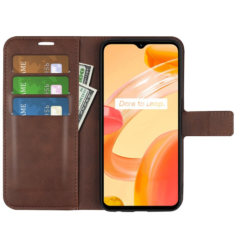 Square Magnetic Clasp Phone Case for Realme C30 4G, Textured PU Leather + TPU Wallet Stand Cover - Brown