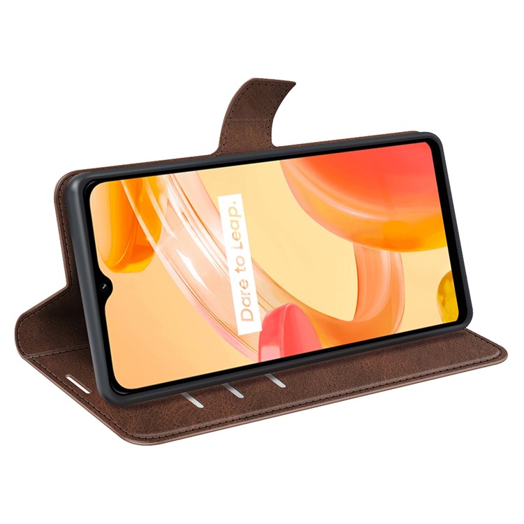 Square Magnetic Clasp Phone Case for Realme C30 4G, Textured PU Leather + TPU Wallet Stand Cover - Brown