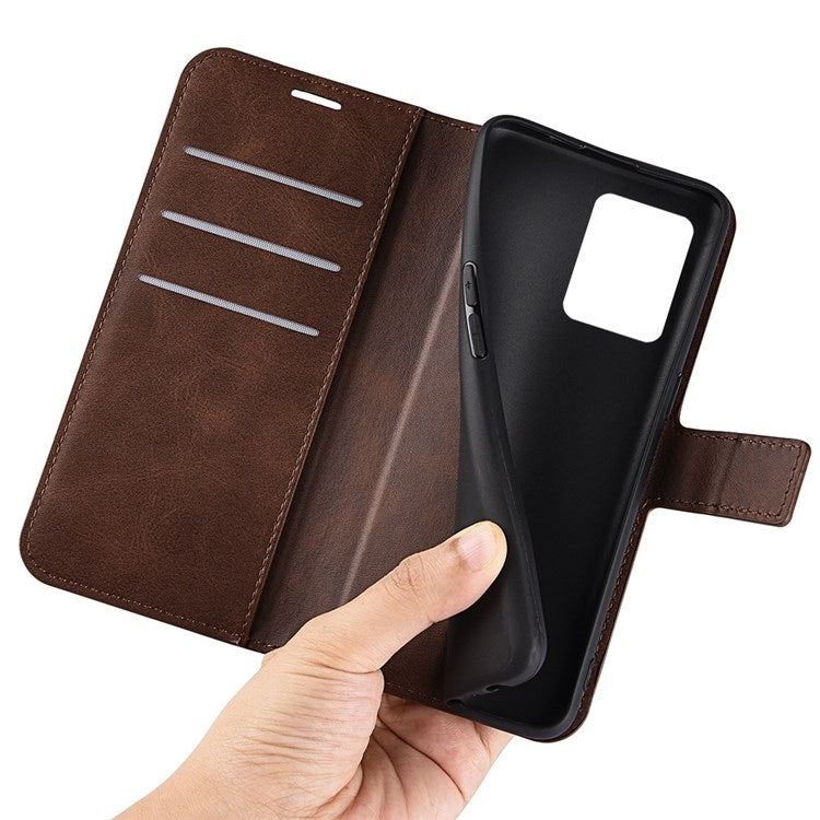 Square Magnetic Clasp Phone Case for Realme C30 4G, Textured PU Leather + TPU Wallet Stand Cover - Brown