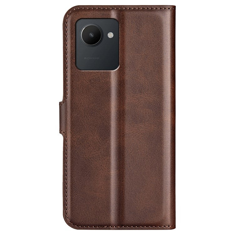 Square Magnetic Clasp Phone Case for Realme C30 4G, Textured PU Leather + TPU Wallet Stand Cover - Brown