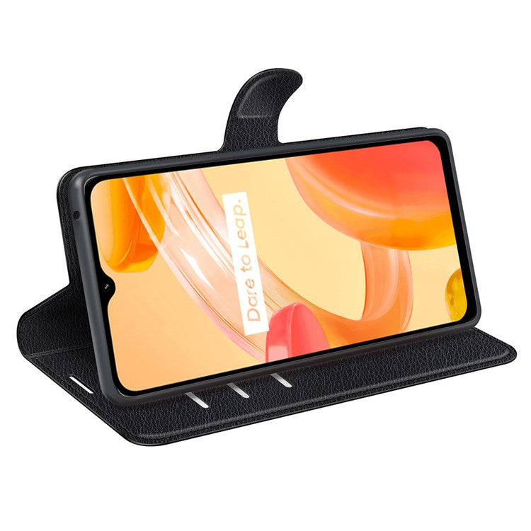 For Realme C30 4G Litchi Texture PU Leather Stand Phone Case Anti-scratch Wallet Protective Cover - Black