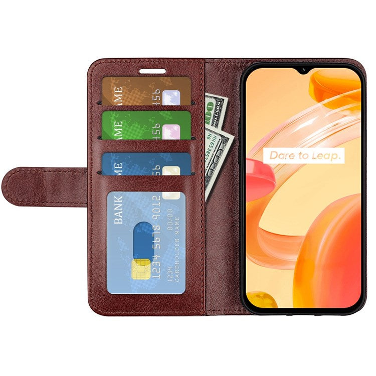 For Realme C30 4G Crazy Horse Texture Folio Flip Phone Case PU Leather Wallet Stand Protective Cover - Brown