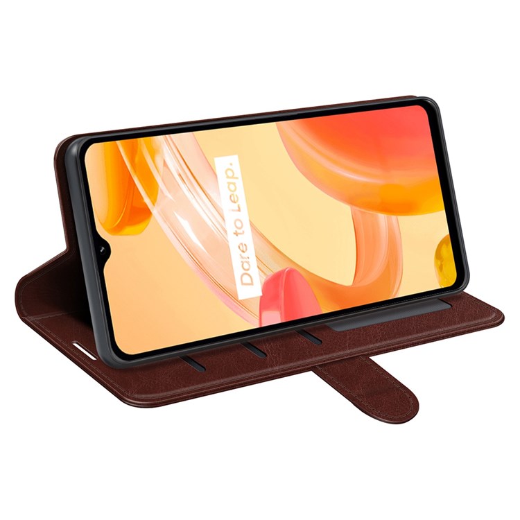 For Realme C30 4G Crazy Horse Texture Folio Flip Phone Case PU Leather Wallet Stand Protective Cover - Brown