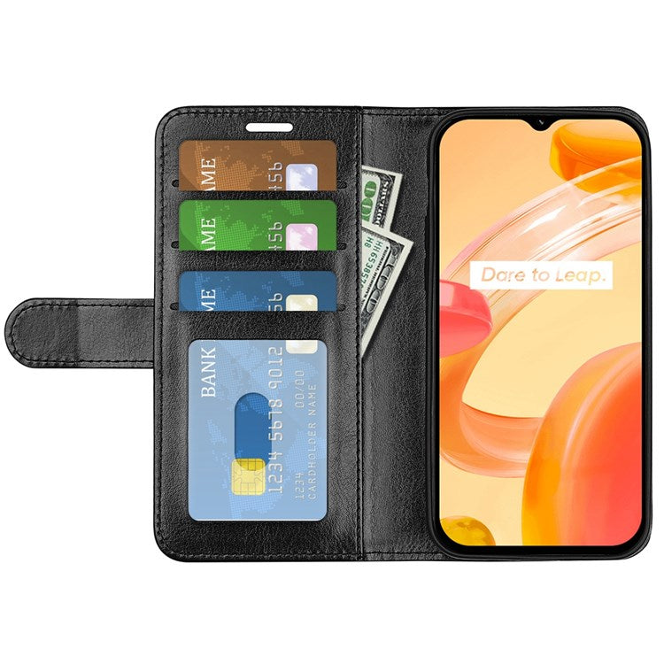 For Realme C30 4G Crazy Horse Texture Folio Flip Phone Case PU Leather Wallet Stand Protective Cover - Black