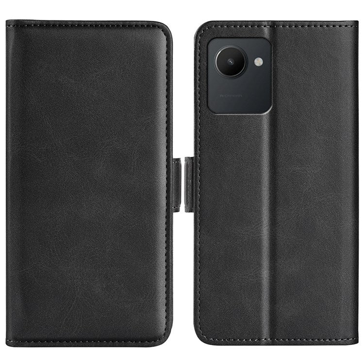 For Realme C30 4G Double Magnetic Clasp Textured PU Leather Folio Flip Phone Case Wallet Stand Cover - Black