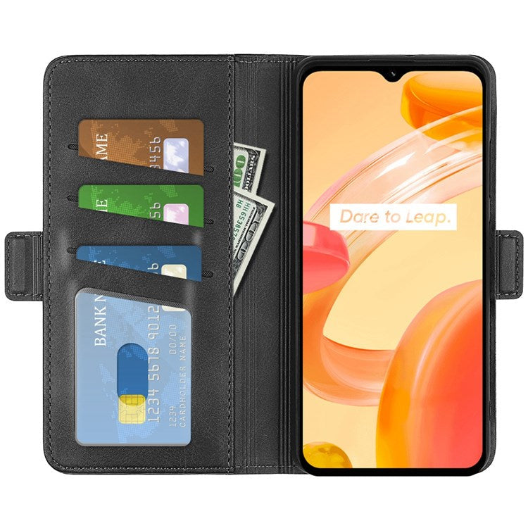 For Realme C30 4G Double Magnetic Clasp Textured PU Leather Folio Flip Phone Case Wallet Stand Cover - Black