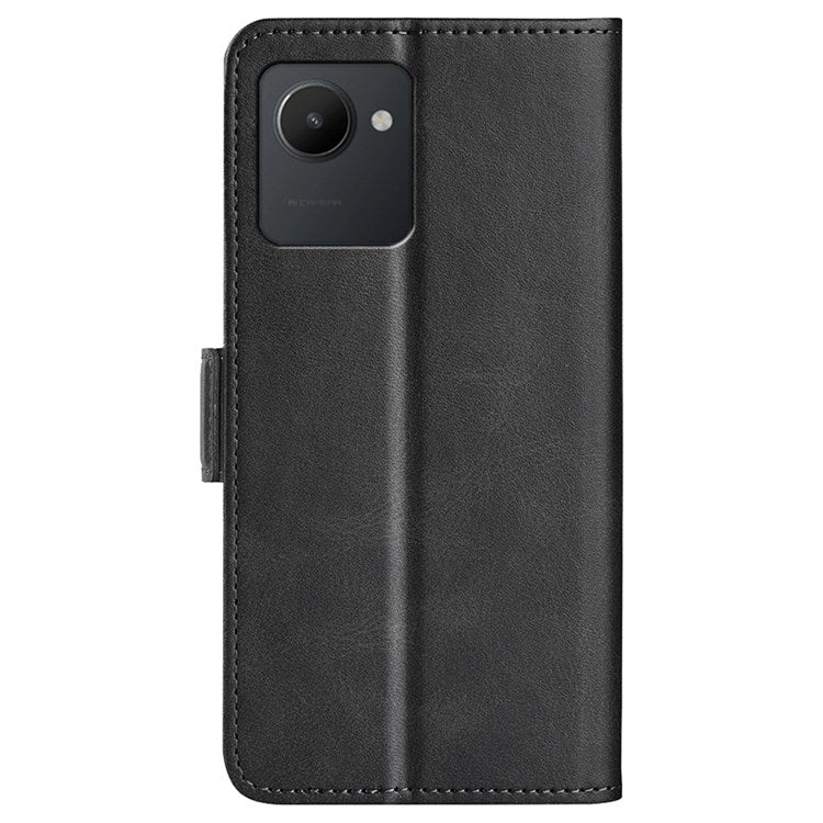 For Realme C30 4G Double Magnetic Clasp Textured PU Leather Folio Flip Phone Case Wallet Stand Cover - Black