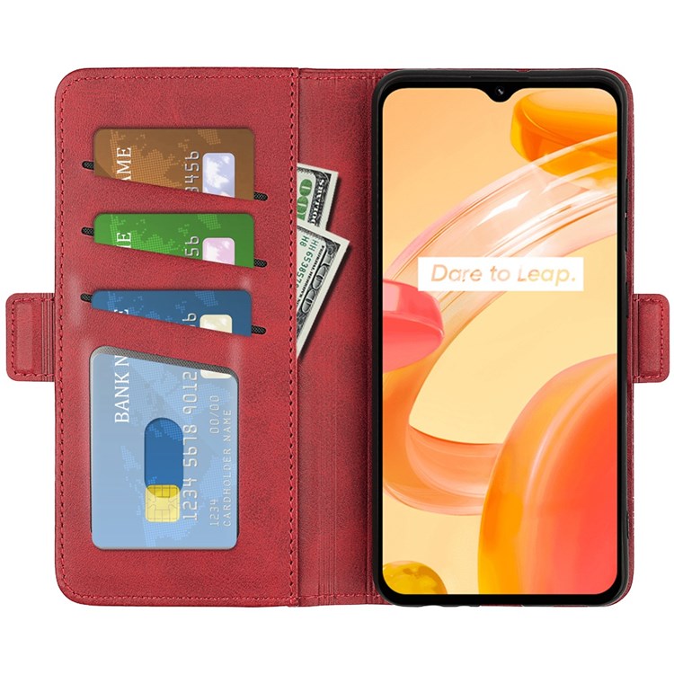 For Realme C30 4G Double Magnetic Clasp Textured PU Leather Folio Flip Phone Case Wallet Stand Cover - Red