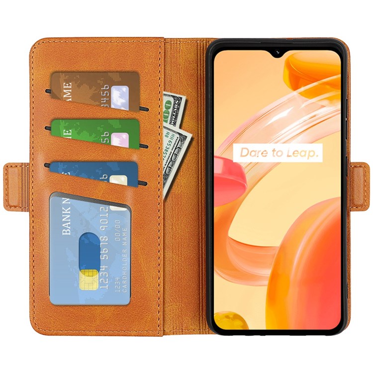 For Realme C30 4G Double Magnetic Clasp Textured PU Leather Folio Flip Phone Case Wallet Stand Cover - Yellow