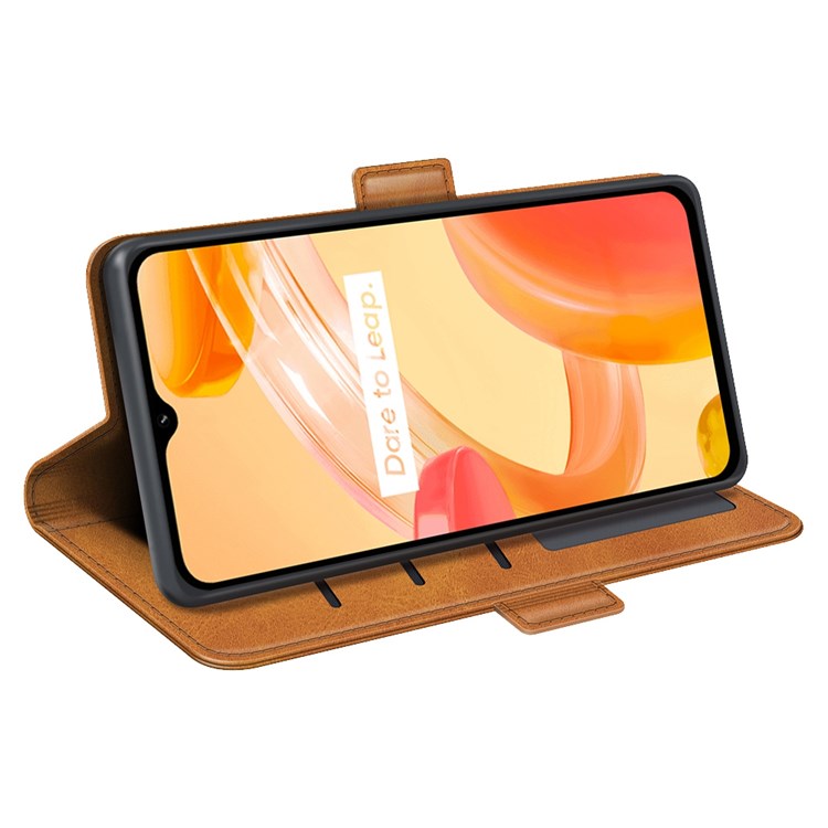 For Realme C30 4G Double Magnetic Clasp Textured PU Leather Folio Flip Phone Case Wallet Stand Cover - Yellow