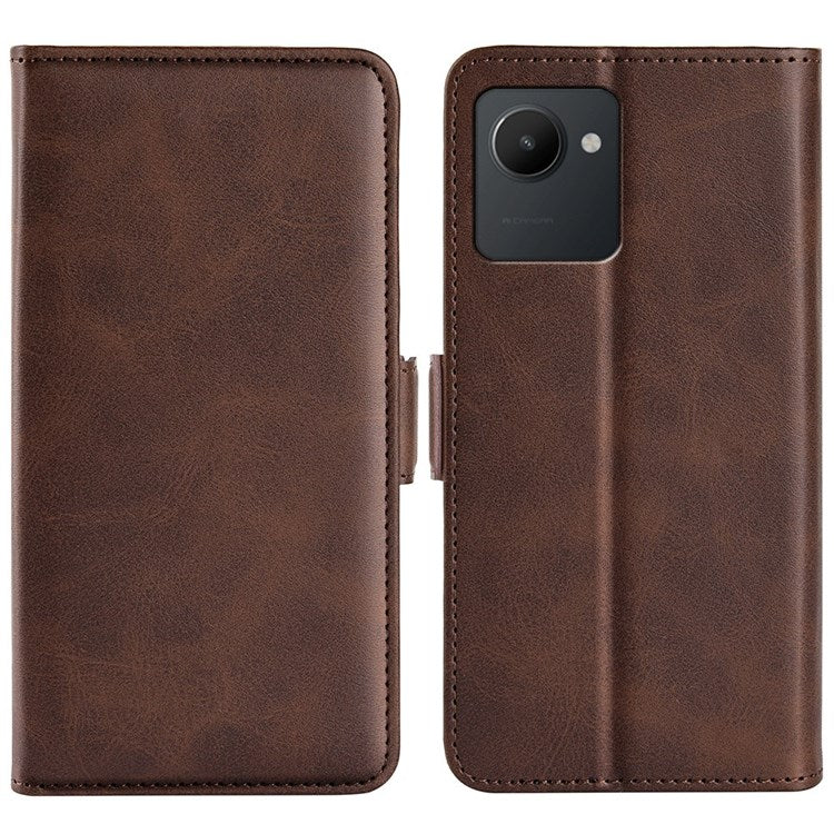 For Realme C30 4G Double Magnetic Clasp Textured PU Leather Folio Flip Phone Case Wallet Stand Cover - Brown