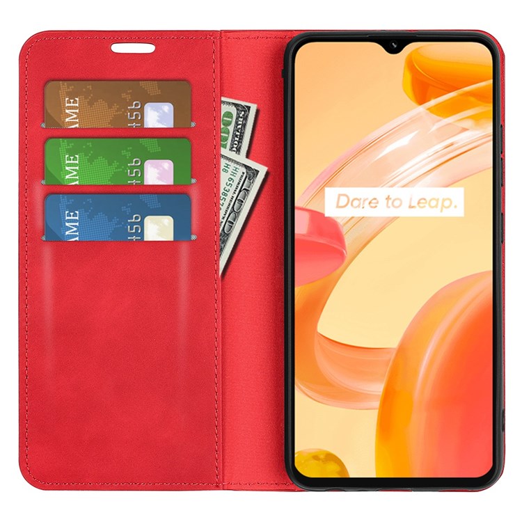 For Realme C30 4G Skin-touch Feeling Leather Case Wallet Stand Magnetic Auto-absorbed Phone Cover - Red