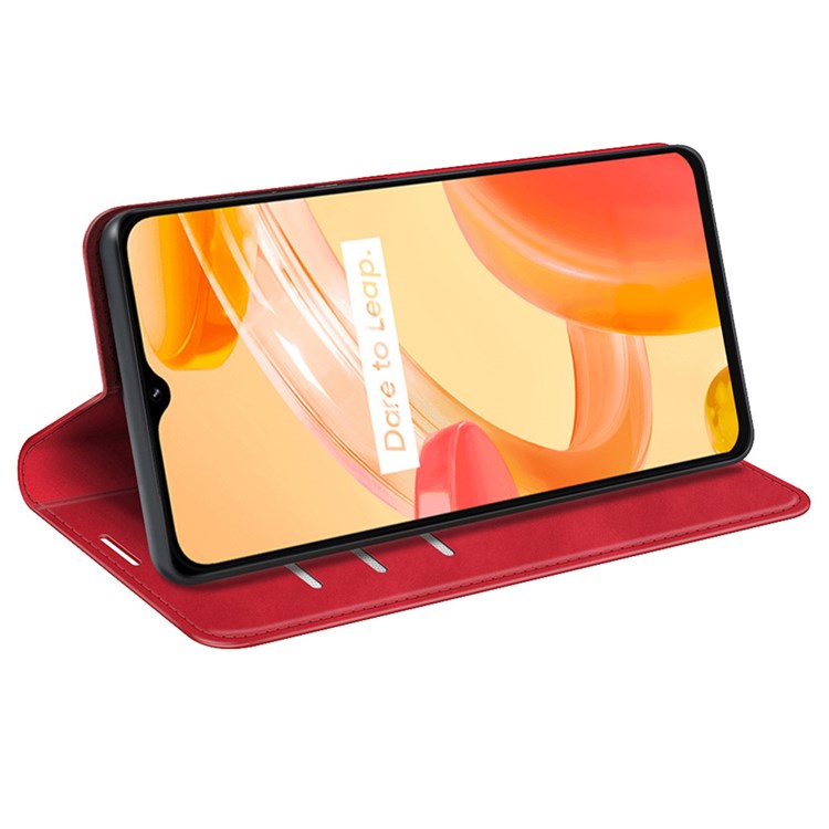 For Realme C30 4G Skin-touch Feeling Leather Case Wallet Stand Magnetic Auto-absorbed Phone Cover - Red