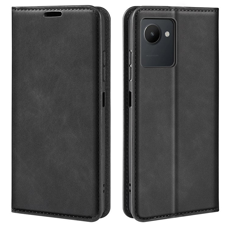 For Realme C30 4G Skin-touch Feeling Leather Case Wallet Stand Magnetic Auto-absorbed Phone Cover - Black