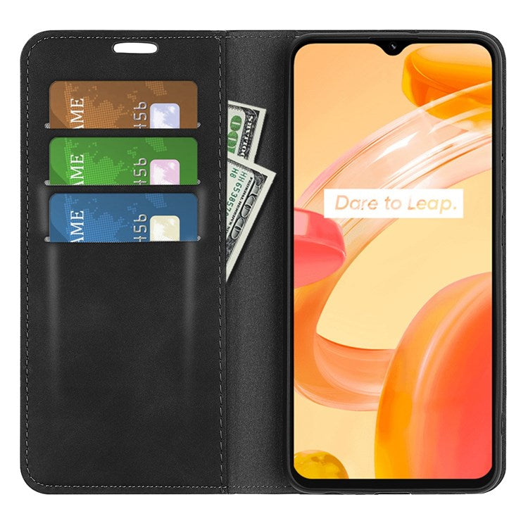 For Realme C30 4G Skin-touch Feeling Leather Case Wallet Stand Magnetic Auto-absorbed Phone Cover - Black