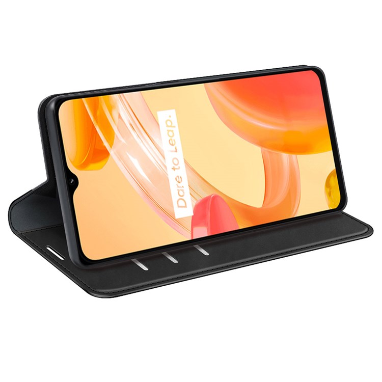 For Realme C30 4G Skin-touch Feeling Leather Case Wallet Stand Magnetic Auto-absorbed Phone Cover - Black
