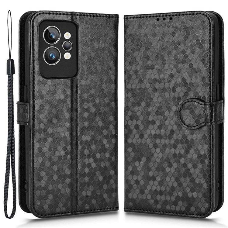 Dot Pattern Imprinted PU Leather Case for Realme GT2 Pro Wallet Phone Case Anti-Drop Cover with Strap / Wallet - Black