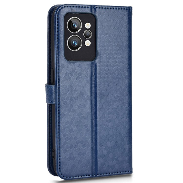 Dot Pattern Imprinted PU Leather Case for Realme GT2 Pro Wallet Phone Case Anti-Drop Cover with Strap / Wallet - Dark Blue