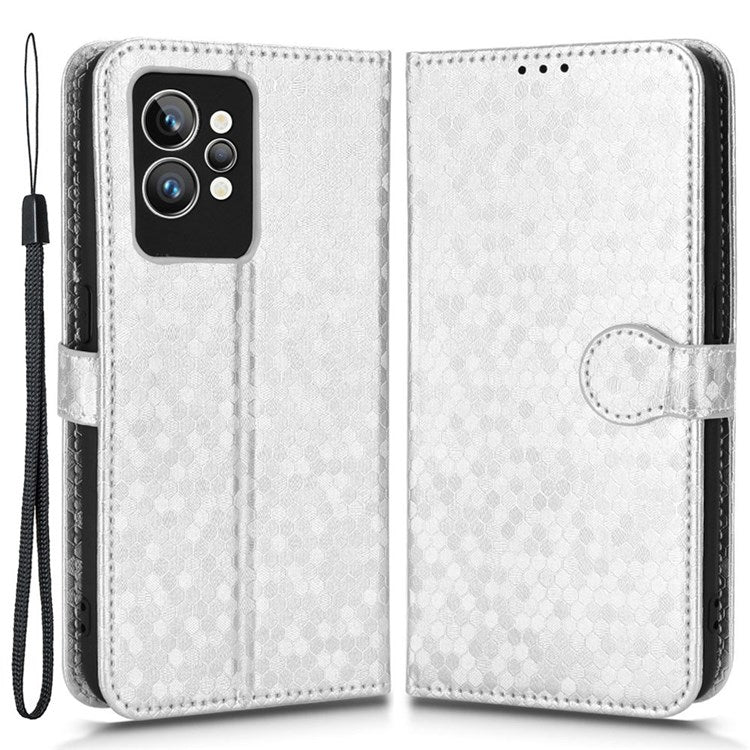 Dot Pattern Imprinted PU Leather Case for Realme GT2 Pro Wallet Phone Case Anti-Drop Cover with Strap / Wallet - Silver