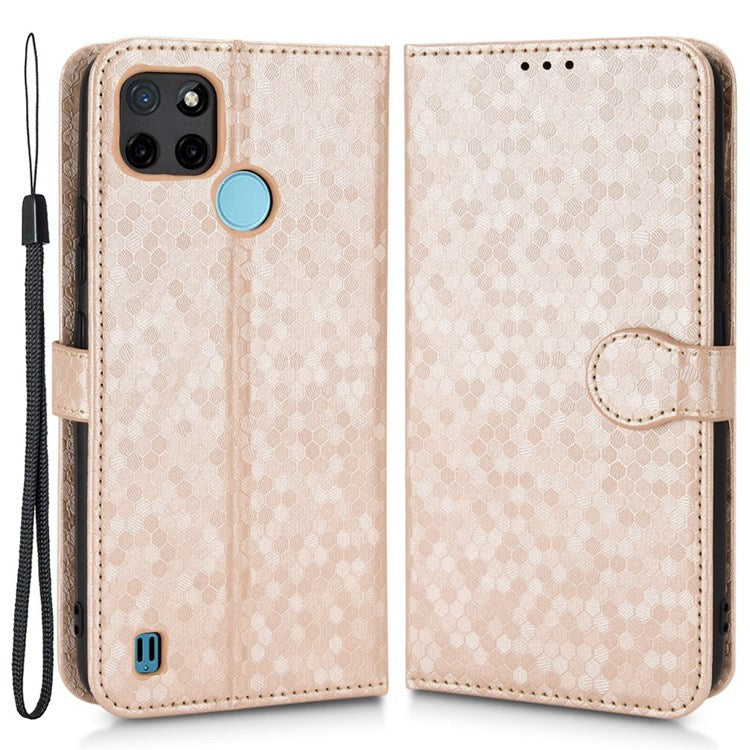 Dot Pattern Imprinted Case for Realme C21Y / C25Y Wallet Phone Case Shockproof PU Leather Cover with Strap - Rose Gold