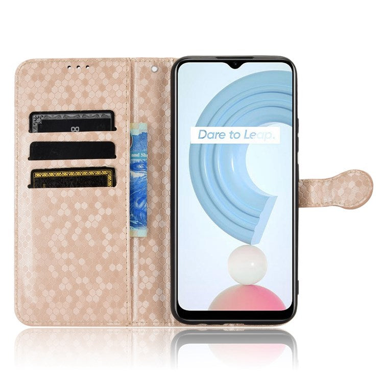Dot Pattern Imprinted Case for Realme C21Y / C25Y Wallet Phone Case Shockproof PU Leather Cover with Strap - Rose Gold
