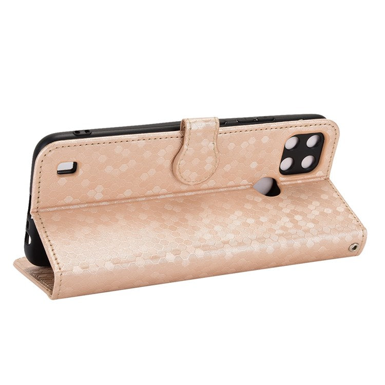 Dot Pattern Imprinted Case for Realme C21Y / C25Y Wallet Phone Case Shockproof PU Leather Cover with Strap - Rose Gold