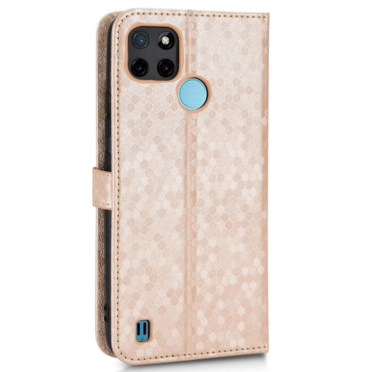 Dot Pattern Imprinted Case for Realme C21Y / C25Y Wallet Phone Case Shockproof PU Leather Cover with Strap - Rose Gold